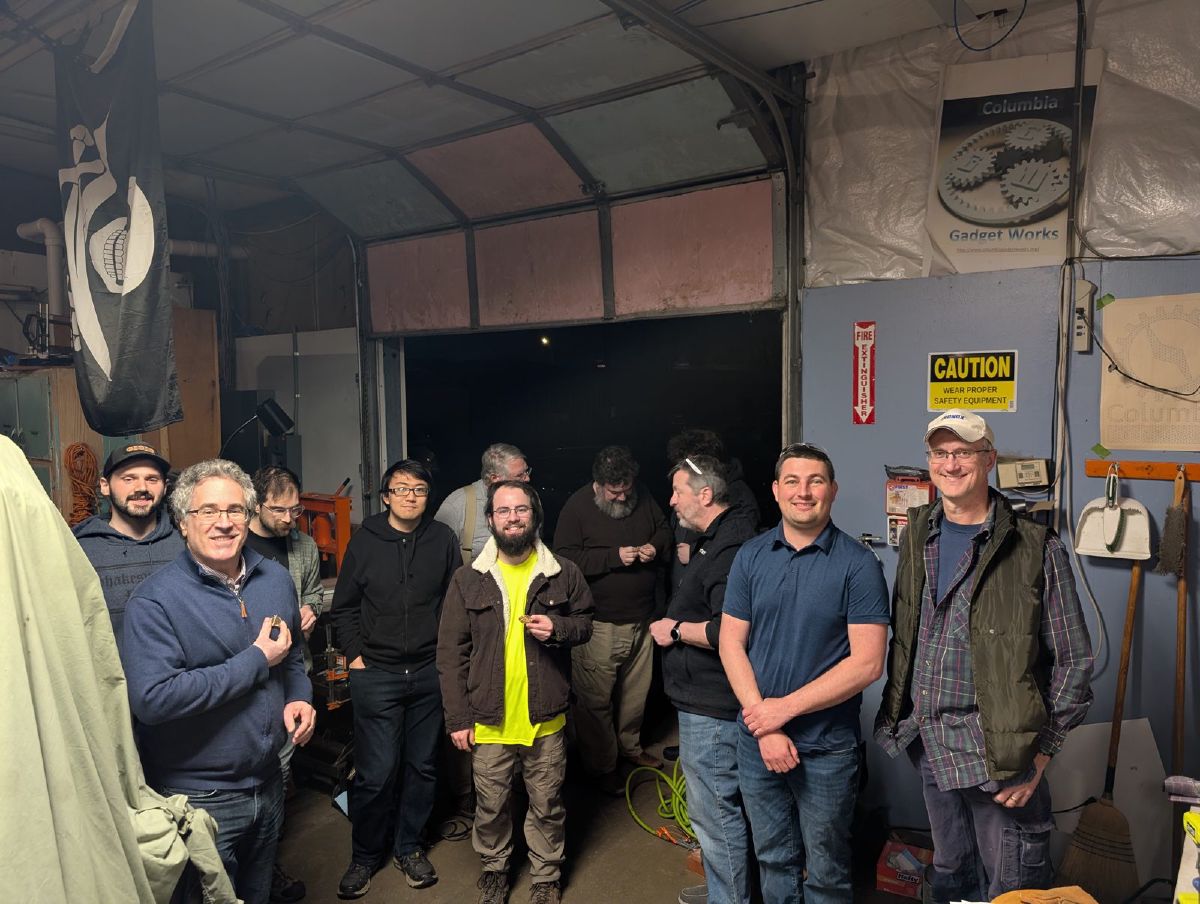 Members and visitors gathered in the shop on an Open Hack Night
